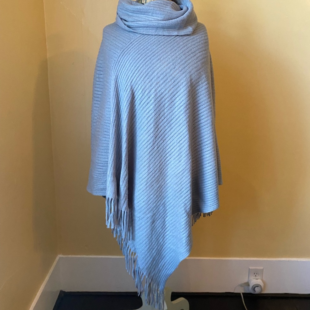 Light Blue Knit Poncho with Fringe